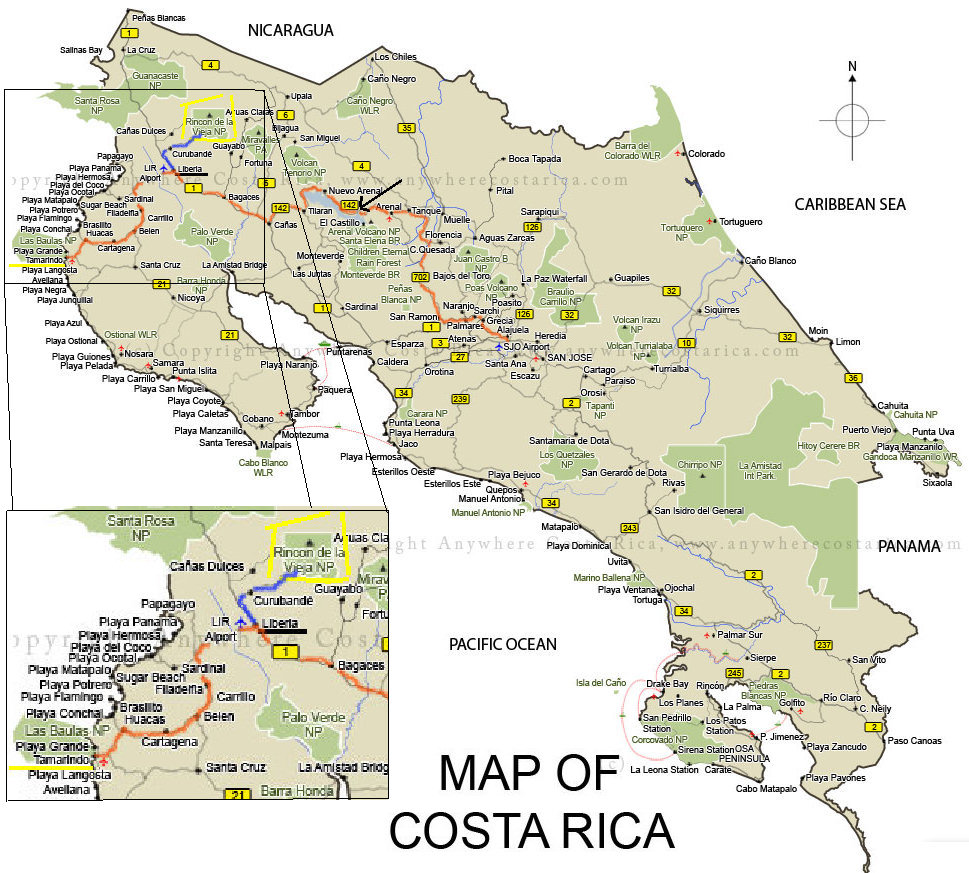 Map of Costa Rica with detail of trip